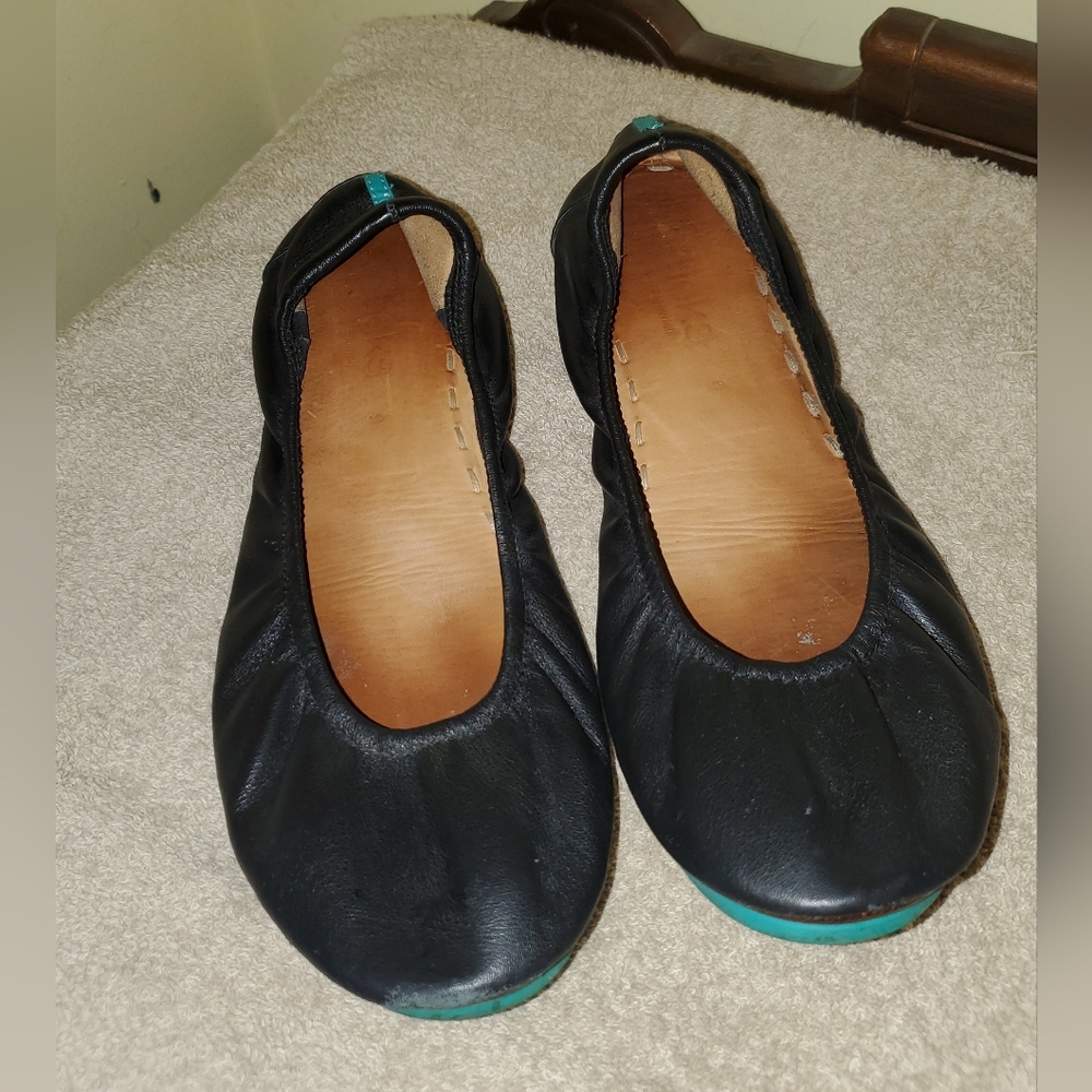 Tieks Black Leather Ballet Flats with Teal Soles
